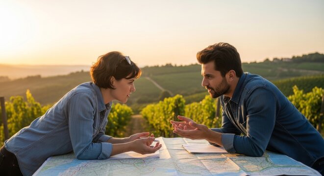 Woman And Man Planning Trip Using Map Over Vineyard Hills At Golden
