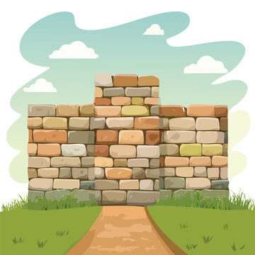 Cartoon brick wall illustration with path and grass under sky background