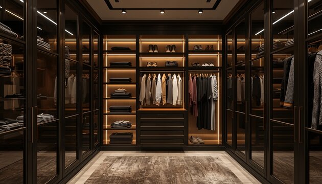 Luxurious and modern walk-in closet with organized clothing and accessories on display, clothing collection and minimalist wardrobe interior