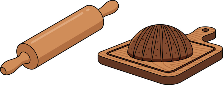 Rolling Pin and Bread on Cutting Board Illustration Set with Wooden Baking Tools and Pastry Preparation in Flat Vector Design