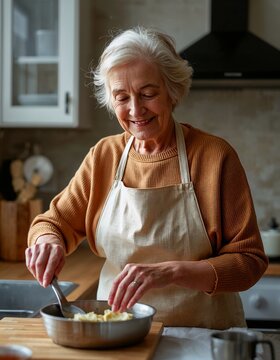 Senior woman cooking in cozy kitchen, home lifestyle concept, healthy homemade food, warm light, domestic routine and family care