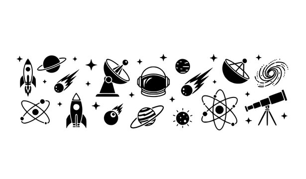 Space icon vector set with planets rocket astronaut satellite and galaxy symbols in black and white silhouette style