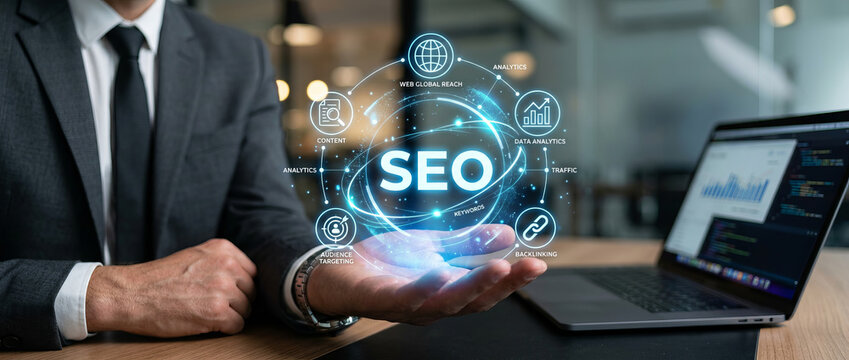 SEO digital marketing concept with businessman holding holographic display showing various optimization components