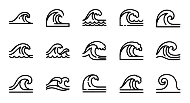 Ocean Wave Icons Set, Outline Vector Collection of Sea Water Line Art Illustrations, Graphic Elements for Design
