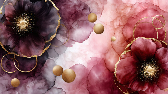 Burgundy Pink Floral Watercolor Background with Gold Accents