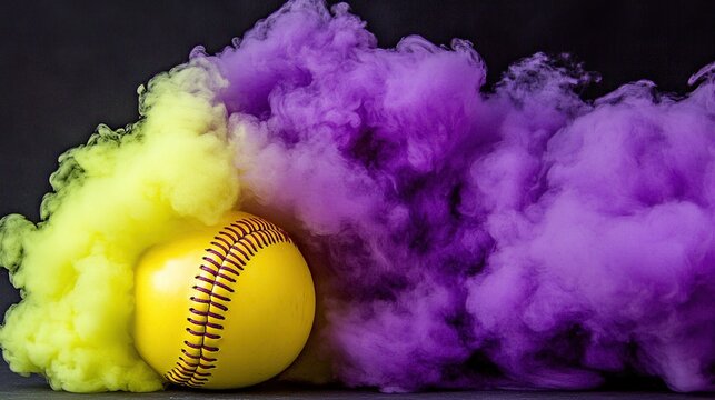 Vibrant Yellow Baseball Surrounded by Dramatic Purple and Yellow Colored Smoke Clouds