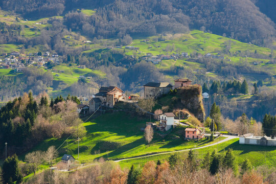 Aerial view of Pizzino, the Alpine village in the municipality of Taleggio.  Val Taleggio, Bergamasque Prealps, Lombardy, Italy