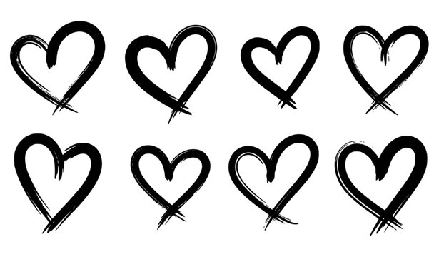 Hand drawn brush stroke hearts vector set expressive love symbols minimal artistic collection isolated on white