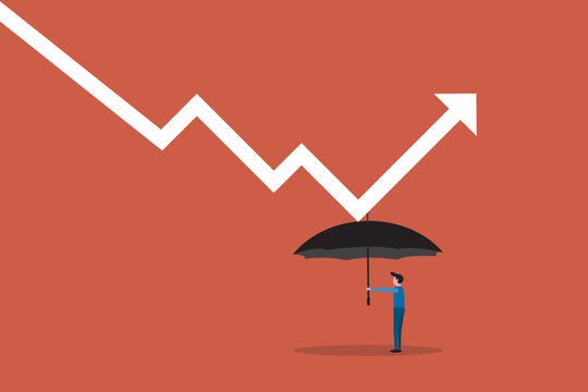 Economic recovery from crisis, business protection or stock market bounce back from recession concept, smart confidence businessman holding strong umbrella to recover white arrow economic graph