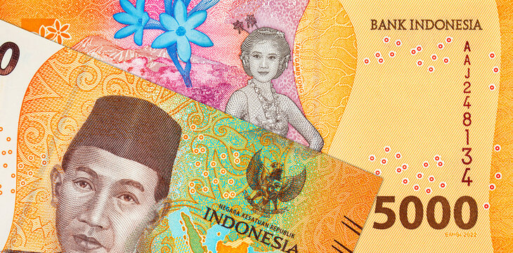 5000 Rupiah Indonesia with a portrait of a girl dancing the national dance Tari Gamb Yong. New money of Indonesia.