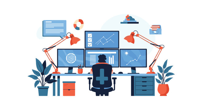 Data analyst working at a specialized workstation with four monitors displaying complex financial charts and statistical information.
