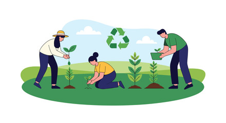 Fototapeta premium Environmentally conscious people planting young trees in a field to promote reforestation and ecological sustainability for the planet.