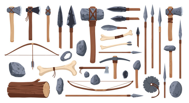 Comprehensive collection of prehistoric stone tools and weapons including axes spears bows and arrows used by ancient civilizations.