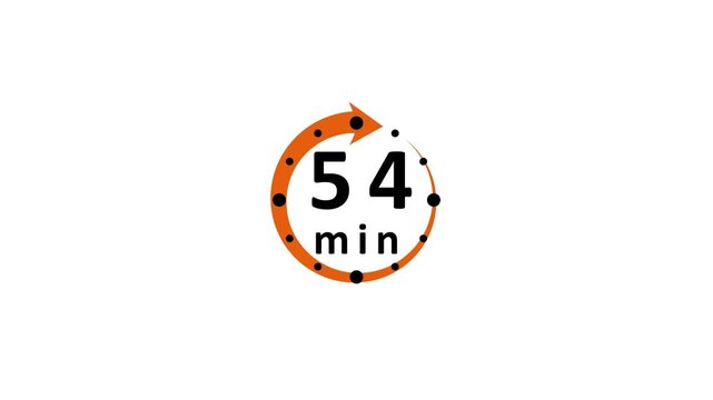 A circular orange arrow with black dots and the number fifty four with the abbreviation for minutes in black text against a white background representing a timer countdown or duration