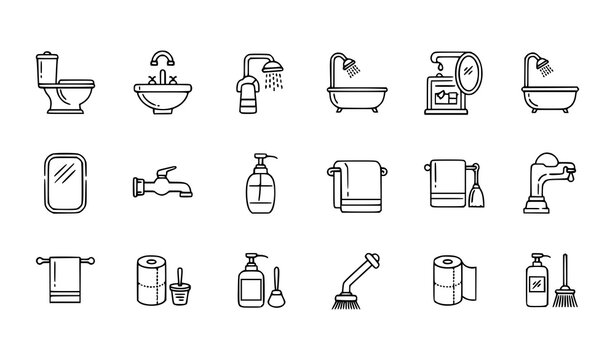 Bathroom icon vector set with toilet sink shower bathtub and hygiene accessories in minimal line style