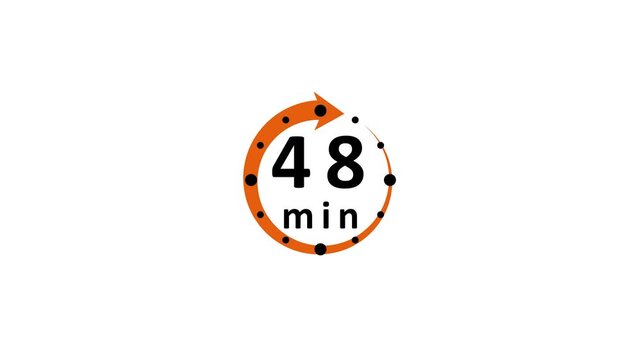 Timer illustrating forty eight minutes with a bold orange arrow and black dots on a white background signifying a time constraint or duration