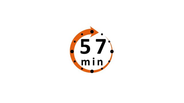 A circular orange arrow with black dots and the number fifty seven with the abbreviation for minutes in black text against a white background representing a timer countdown or duration