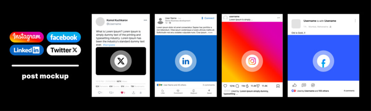 post mockup Vector illustration showing four popular mobile social media feed templates side-by-side, including X, Facebook, LinkedIn, and Instagram interfaces with placeholder text and interaction