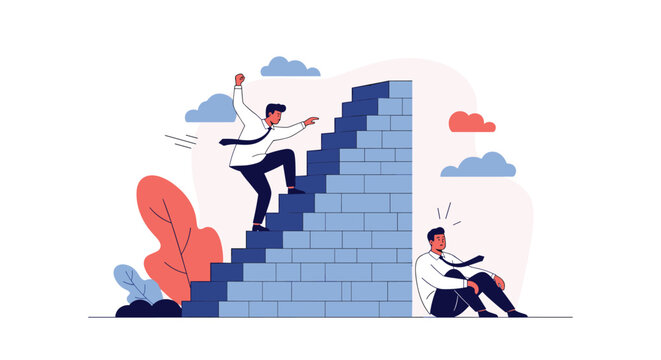 Motivational scene of a man successfully climbing a stone staircase to reach the top while another man sits defeated at the bottom.