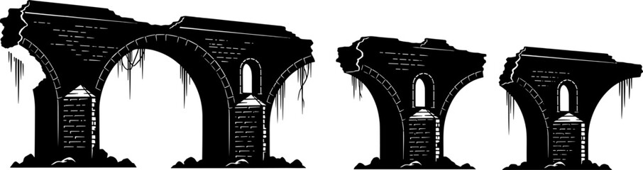 Fototapeta premium Broken stone bridge silhouette showing ruined arches and overgrown vines
