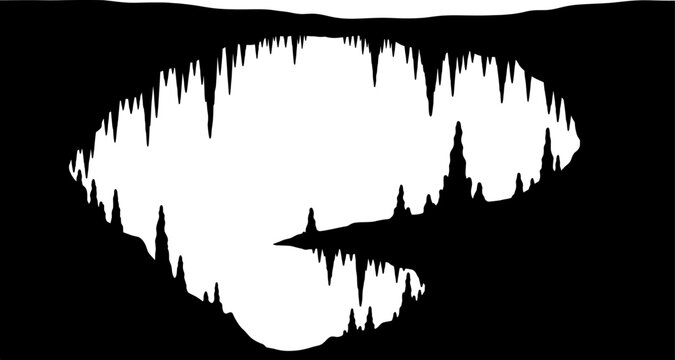 Cavern interior silhouette with sharp stalactites and stalagmites