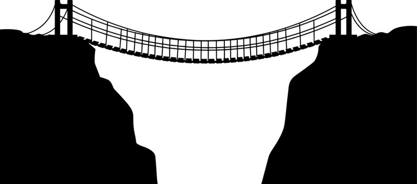 Rope suspension bridge silhouette hanging between two high cliffs