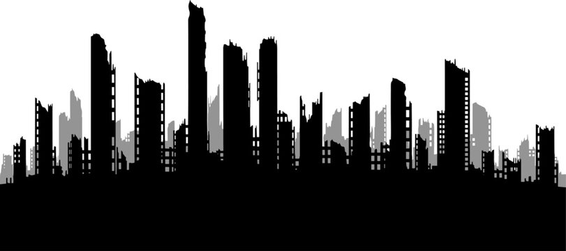 Ruined city skyline silhouette showing destroyed buildings and rubble