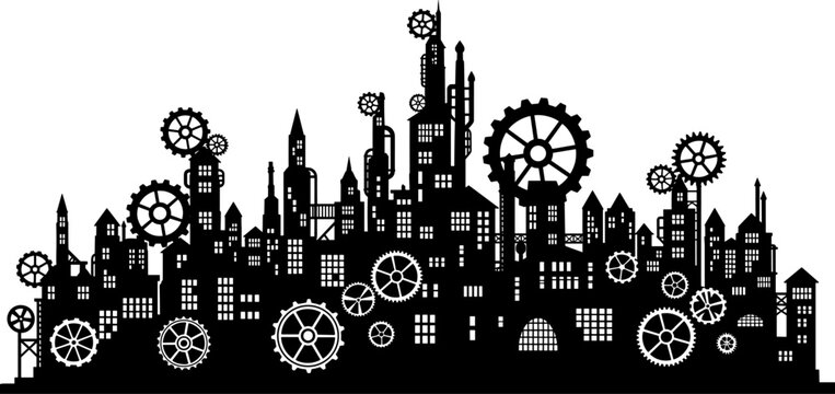 Steampunk city silhouette integrated with large industrial gears and cogs