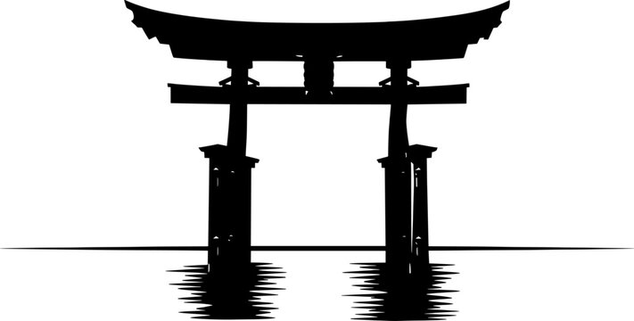 Traditional japanese torii gate silhouette standing in calm water