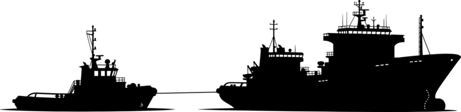 Tugboat towing a large vessel in the harbor