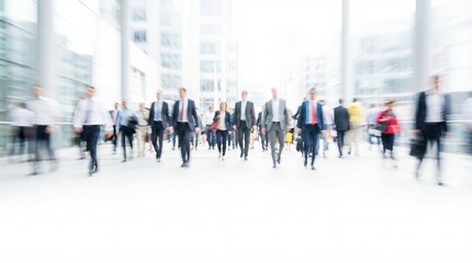 Fototapeta premium Blurred motion of a large crowd of business people walking towards the camera in a modern bright corporate building