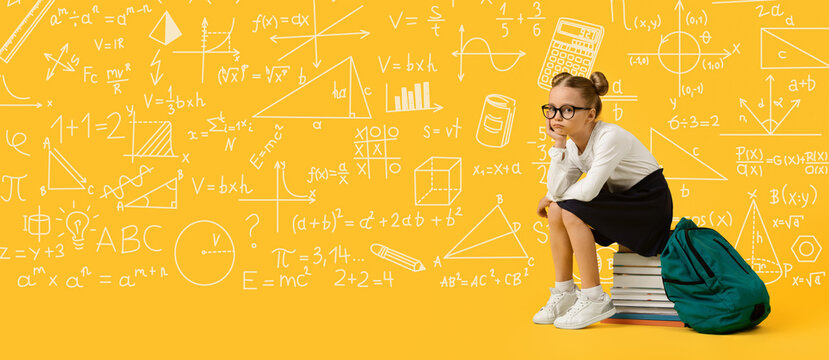 A girl sits on a stack of books, thinking deeply. Behind her is a bright yellow chalkboard covered with math equations and symbols. She wears glasses and holds a backpack.