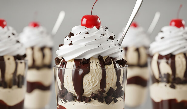 A row of decadent chocolate and vanilla ice cream sundaes with whipped cream