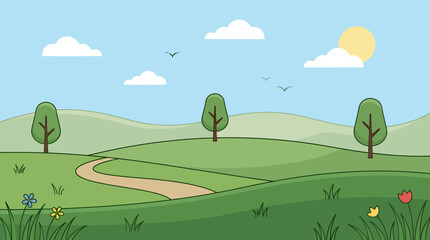 Fototapeta premium A serene landscape of rolling hills with trees and a winding path under a sunny sky with clouds