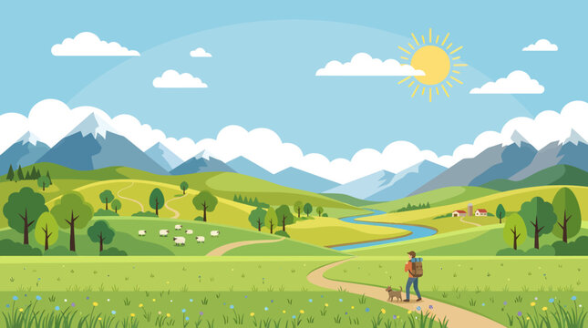 Man walks on a winding path through a green valley with mountains and sunny sky