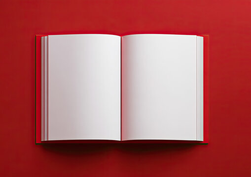 Open red book with blank pages on a red background