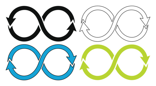 Infinity loop vector icon set, continuous cycle symbol, endless process sign, eternal flow concept, four variations for business and technology isolated PNG with Transparent Background