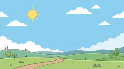 Fototapeta premium A sunny day with clouds over a green landscape featuring a road trees and hills under a blue sky