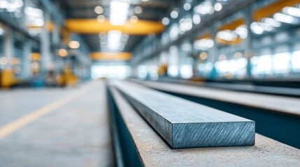 Fototapeta premium Close-Up of Steel Bars in a Modern Industrial Warehouse with Blurred Background Highlighting Metalworking Environment