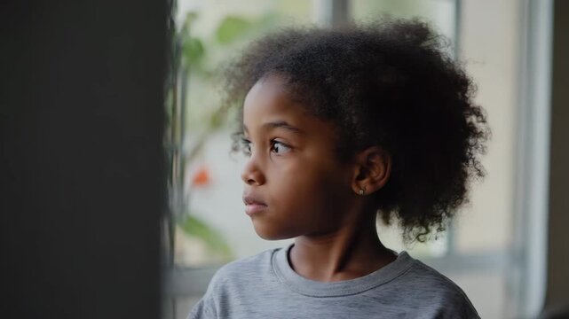 Pensive little girl gazing thoughtfully through window reflects dreams, candid teen