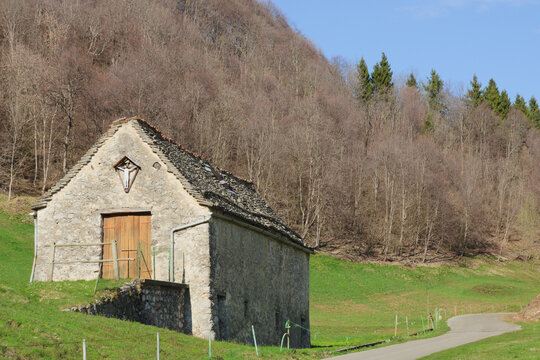 Old cabin in the production area of ​​the taleggio, a famous Italian cheese. Val Taleggio, Lombardy, Italy