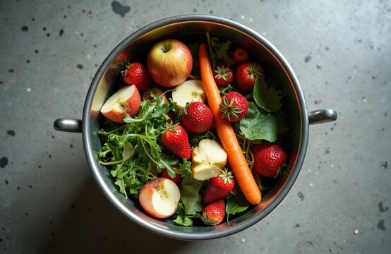 Collection of fruit and vegetable scraps in metal bowl for composting. Apples strawberries and carrot pieces with green leaves ready for garden fertilizer. Eco friendly waste management in kitchen.