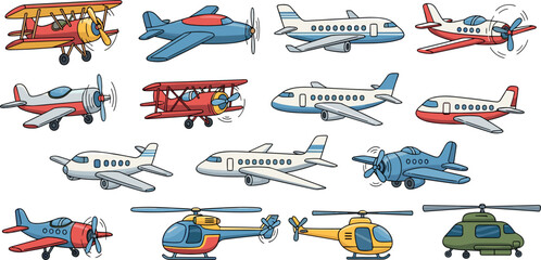Cartoon Airplane and Helicopter Collection Set with Vintage Biplane and Jet Aircraft Icons for Kids, Aviation, and Travel Design © Rtazmina