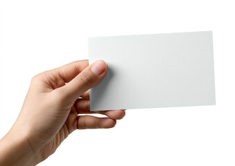 Obraz premium A hand holds a blank, white, rectangular card against a white background