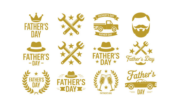 Golden Father's Day Icons And Emblems Collection On White Background vector illustration