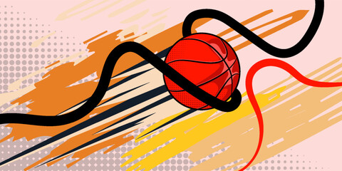 Dynamic and modern graphic illustration of a basketball flying at high speed towards the hoop on an abstract court background. © Musdalifah