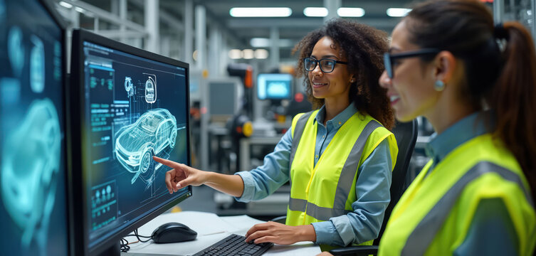 Two women engineers work on car design using CAD software on computer screens. They wear safety vests inside auto factory. Discussing future auto vehicle.