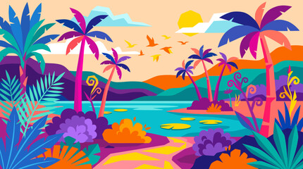 Obraz premium Vibrant abstract tropical landscape vector illustration. Colorful scene with palm trees, exotic jungle, sea, and sun. Ideal for travel or summer concepts.