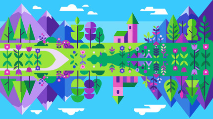 Fototapeta premium Vibrant geometric vector landscape with mountains, trees, and flowers reflected in water. Ideal for posters, backgrounds, travel, and eco themes.