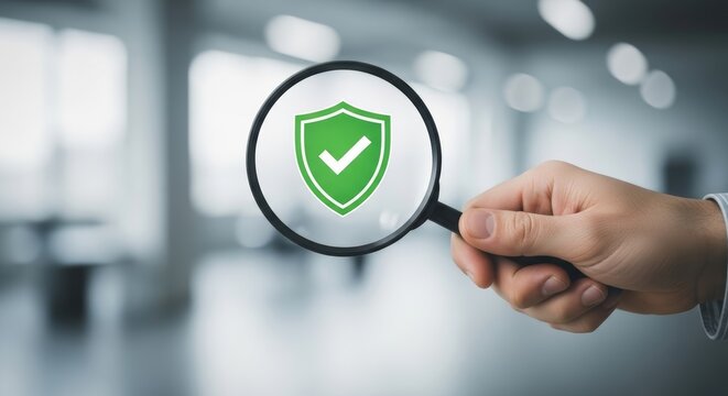Magnifying glass focused on a green shield with a checkmark, symbolizing thorough digital security inspection, data protection, and verified quality assurance for business trust
